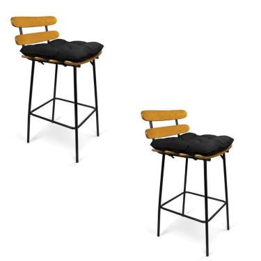 Imagem de Kit 02 Banquetas Costela Suede Preto Base Metal