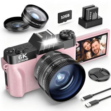 Imagem de Câmera digital 6K 64MP para fotografia NIKICAM Vlogging para YouTube com tela flip de 180°, WiFi, zoom digital 16X, lente de 52 mm, 2 baterias, cartão micro SD de 32 GB (rosa)