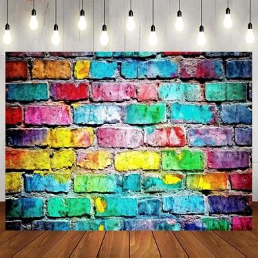 Imagem de Pano de fundo de parede de tijolos de 3 x 2,4 m grande vintage grafite colorido para fotos de chá de bebê decoração de festa de aniversário faixa de fundo