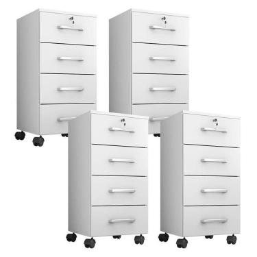 Imagem de Kit 4 Gaveteiros Para Escritório Gávea Com Chave Branco Fosco – Móveis Leão