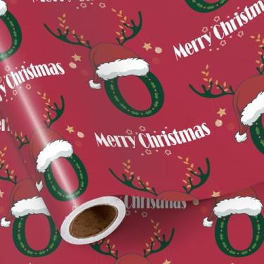 Imagem de RUSPEPA Rolo de papel de embrulho de Natal com letra 0, mini rolo, letra O com chapéu de Papai Noel, chifres de rena e texto de Feliz Natal, embrulho vermelho para presente de Natal personalizado, 43