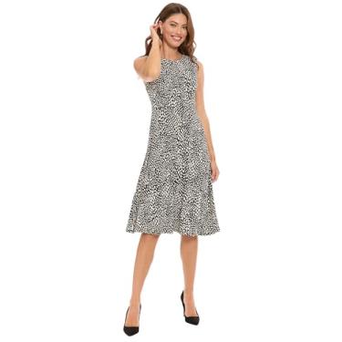 Imagem de London Times Vestido feminino sem mangas com gola redonda e comprimento até o joelho - Vestidos para convidados de casamento, Preto/Marfim, 40