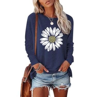 Imagem de Camiseta feminina BAOKUAN com estampa de girassol de manga comprida az