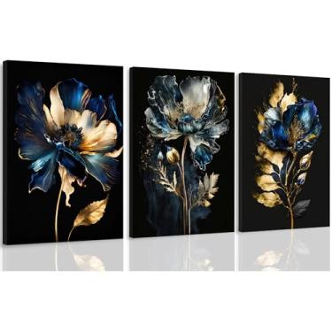 Imagem de ICHZUMW Conjunto de 3 arte de parede floral Moody, arte de parede vintage em tela emoldurada azul e dourada, impressões florais Dark Academia, imagens de flores góticas para decoração de quarto, sala