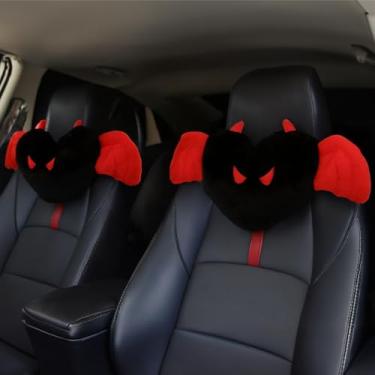 Imagem de 2 almofadas fofas para encosto de cabeça para assento de carro, formato de coração com olhos de diabo e asas de anjo, suporte de pescoço funcional para carros, escritórios e quartos