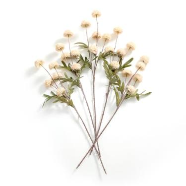 Imagem de 5 peças de flores artificiais para mães de pompom bege, mini crisântemo de seda Kiku falso com hastes longas - flores falsas para mães de seda para buquê de bricolage, enchimentos de casamento