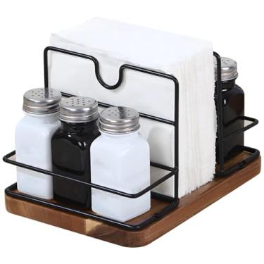 Imagem de Decoração moderna de casa de fazenda com suporte de guardanapo, organizador de bancada de cozinha, compartimento duplo com design de ferro e madeira, dispensador de lenços de mesa, sal e pimenta