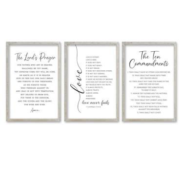 Imagem de SRSZHIYUE Conjunto emoldurado de versículo bíblico com 3 placas de arte de parede 40,6 cm × 61 cm citações A oração cristã do Senhor e o amor é paciente e dez mandamentos decoração das escrituras