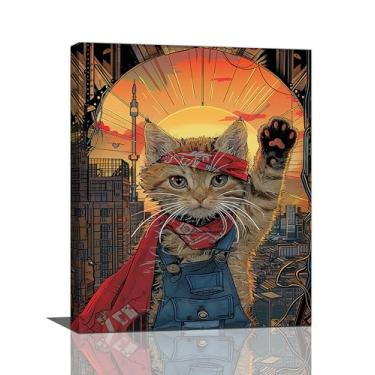 Imagem de Crekviy Decoração de gato engraçada arte de parede retrato de super-herói imagens de gatinho fofo impressões em tela pintura decorações de arte para banheiro quarto sala de estar presentes infantis