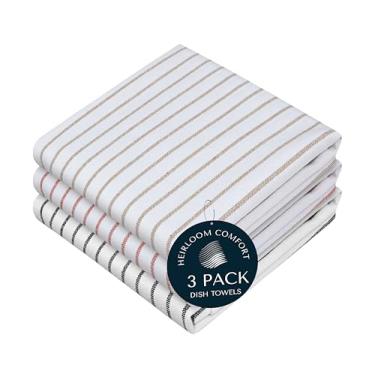 Imagem de HEIRLOOM COMFORT Pacote com 3 toalhas de cozinha multicoloridas, 100% algodão, conjunto de toalhas listradas clássico, panos de prato super absorventes e duráveis, tecido de secagem rápida para secar