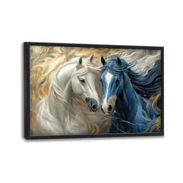 Imagem de Arte de parede emoldurada de cavalo branco grande para sala de estar, decoração de parede de cavalos abstratos de grandes dimensões, pintura em tela azul e dourada, imagens de animais, arte moderna