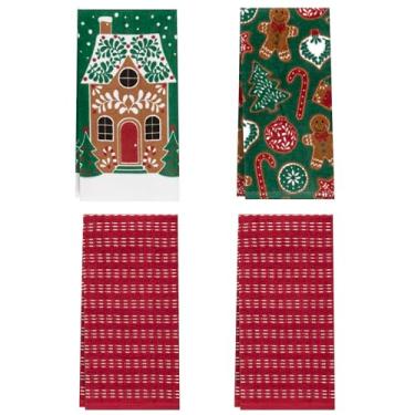 Imagem de Ritz Pacote com 4 toalhas de cozinha natalinas - Conjunto de toalhas de prato de casa de biscoito, 100% algodão, toalhas de chá festivas vermelhas e verdes, absorventes e laváveis na máquina