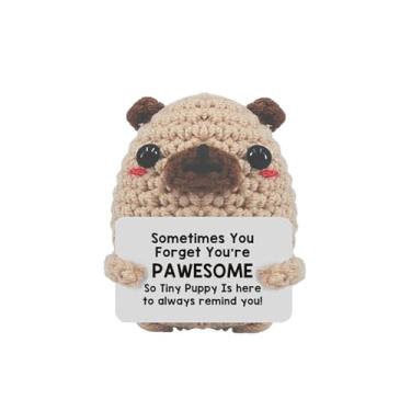 Imagem de Adorável Pug crocheted à mão – Acompanhante de apoio emocional positivo de 7,5 cm com cartão motivacional, decoração divertida de cachorrinho de mesa para escritório/casa, presente para amigos/colegas