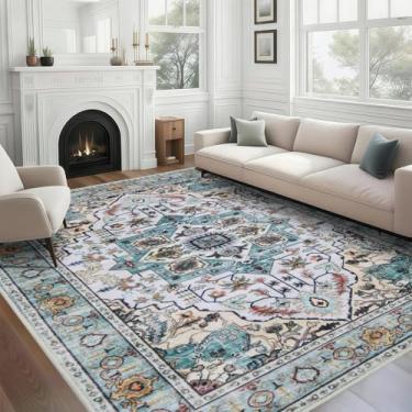 Imagem de WILLSUN Tapetes de área laváveis, tapetes antiderrapantes boho de 20 x 25 cm para sala de estar, quarto, tapete vintage lavável na máquina, tapete com estampa floral interna para decoração de casa