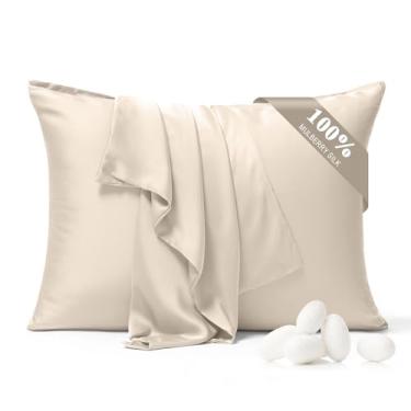 Imagem de BYDHZN Fronha 100% seda pura, pacote com 2 para cabelo e pele, ambos os lados 23 Momme grau 6A+ fronhas de seda amoreira com zíper oculto, fronhas refrescantes macias e suaves (bege polido, King 20 x