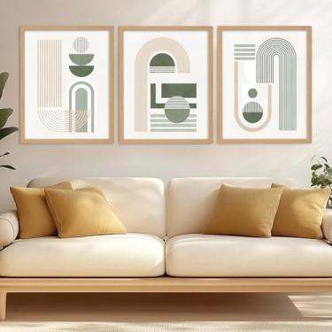 Imagem de JJY Conjunto de 3 impressões de arte de parede minimalistas BOHO - Arte moderna geométrica linha geométrica pôsteres abstratos com moldura - Boêmio neutro de meados do século para casa sala de estar