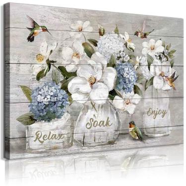 Imagem de Arte de parede floral para casa de banho, casa de banho, decoração de parede, decoração rústica, beija-flor, imagem em tela, relaxante, imersão para banheiro, sala de estar, quarto, pronto para