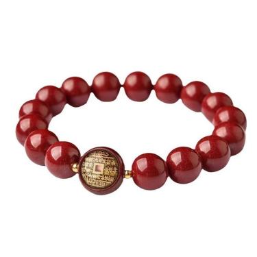 Imagem de Pulseira de miçangas de cinábrio com pingente de moeda antiga, redonda de 10 mm