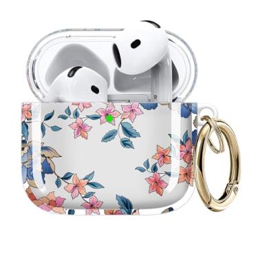 Imagem de Capa compatível com AirPods 4ª geração 2024, carregamento sem fio, à prova de choque, TPU macio, transparente, amarelamento reduzido para AirPods 4, capas com chaveiro dourado (flor azul)