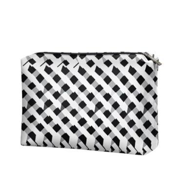 Imagem de Wdktrgetd Bolsa de maquiagem de viagem feminina fina de couro PU para bolsa para 8+ Essentials, Tabuleiro de xadrez preto