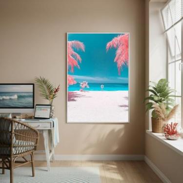 Imagem de Quadro Decorativo Praia De Palmeiras Rosas-70x50cm Cor:Moldura Preta -