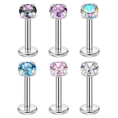 Imagem de 6 peças de aço cirúrgico 316L labret sem rosca com zircônia cúbica para cartilagem do nariz, hélice, torre, concha, tragus, lóbulo da orelha, piercings hipoalergênicos para mulheres e homens, 16G
