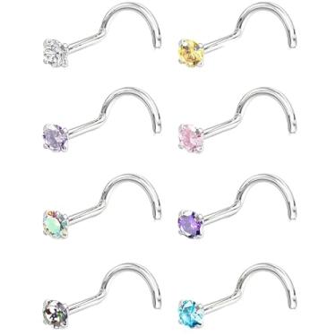 Imagem de KAYLLE&KT Anéis de nariz femininos 8 peças 18G prata hipoalergênico aço inoxidável conjunto de parafusos de nariz saca-rolhas piercing de nariz imitação de diamante