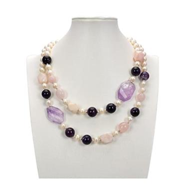 Imagem de Colar com pingente de pedra de 106,6 cm de pedra preciosa de ametista de quartzo rosa e pérola branca
