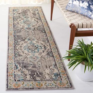 Imagem de SAFAVIEH Tapete de corrida Monaco Collection – 2'5.1 cm x 18', cinza e azul claro, design boho chique medalhão envelhecido, não solta e fácil de cuidar, ideal para áreas de alto tráfego na sala de