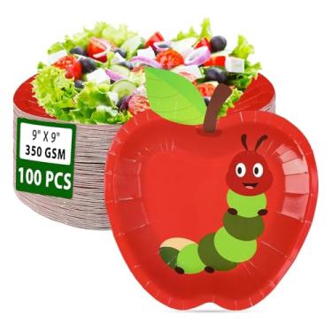 Imagem de 100 peças de pratos de papel de lagarta faminta, 23 cm, resistentes, descartáveis, lagartas, maçã vermelha, sobremesa, decorações de festa de Natal para crianças, Natal, aniversário, chá de bebê