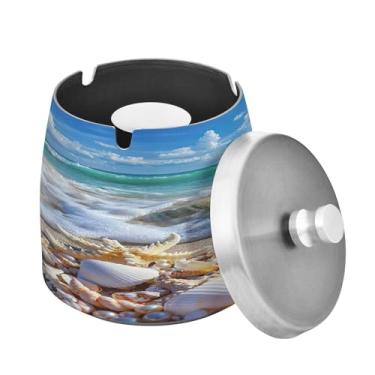 Imagem de Blueangle Cinzeiro de estrela do mar e coral com tampa para cigarros, à prova de vento/chuva, aço inoxidável, sem fumaça, inodoro, cinzeiro para uso interno ou externo (135)