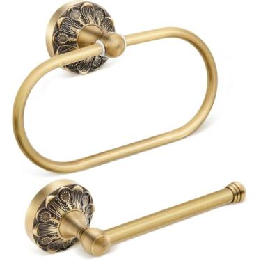 Imagem de BMQFonanza Conjunto de 2 peças de suporte de papel higiênico de latão antigo, anel de toalha de mão retrô de latão, suporte de papel em rolo de tecido, acessórios de banheiro vintage montados na