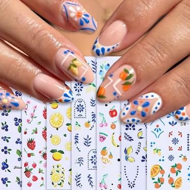 Imagem de 7 folhas de adesivos de arte de unhas de frutas, plantas de verão, limão, morango, mirtilo, estampa floral, decalques autoadesivos para unhas, decorações de unhas DIY, suprimentos de arte de unhas