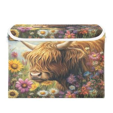 Imagem de CEBUGI Caixotes de armazenamento com tampas, caixa de armazenamento de tecido dobrável, caixas organizadoras de cubo de vaca Highland para prateleiras de armário de casa e quarto, 40 x 30 x 30 cm