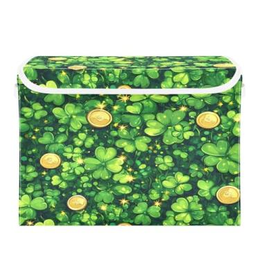 Imagem de Wassud Cestas de armazenamento de Natal com tampas, trevos com brilhos e moedas, caixas dobráveis de tecido empilhável, cestas de linho, recipiente organizador de armário 42 x 32 x 30 cm