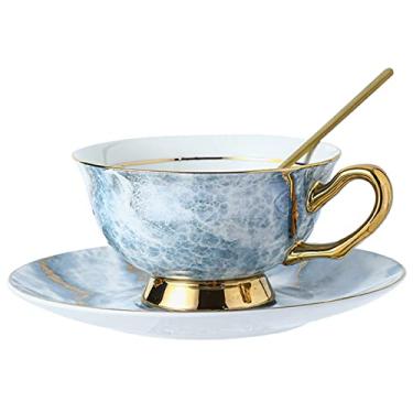Imagem de Xícaras de café de cerâmica, conjunto de canecas de café de porcelana de luxo vintage estilo europeu, com xícara de café, pires, colher de chá, conjunto de chá da tarde para festa de café (A)