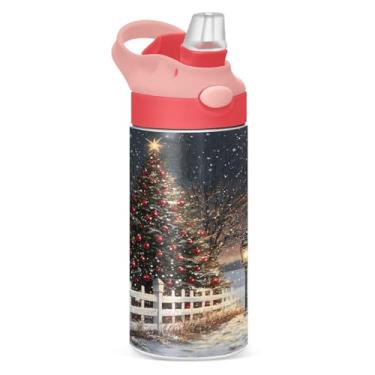 Imagem de YETTASBIN Garrafa de água de árvore de Natal para crianças, 340 g, à prova de vazamento, parede dupla, isolada, copo de viagem com tampa de canudo para meninas, meninos e crianças