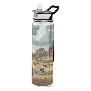 Imagem de xigua Garrafa de água Farm Scene with Cows com tampa de canudo transparente à prova de vazamento para esportes ao ar livre, bebida, fitness, treino, viagem, 946 ml