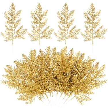 Imagem de 20 peças palhetas artificiais de cedro - RAINFLOW Gold Glitter plantas artificiais para interior mini árvore de Natal folha dourada ramos de pinheiro guirlanda toque real para lareira decoração de