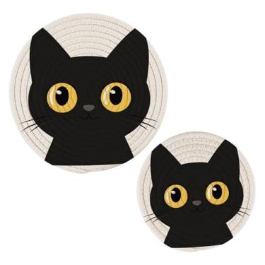 Imagem de Wassud Conjunto de tripé de rosto de gato preto para pratos quentes, suportes redondos de algodão, almofadas quentes, porta-copos elegantes, decoração de cozinha e acessórios, 2 peças