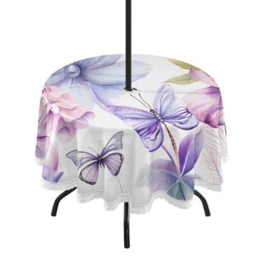 Imagem de CEBUGI Toalha de mesa redonda para uso ao ar livre, flor, borboleta, impermeável, com furo Umberlla, capa de mesa lavável para pátio, cozinha, sala de jantar, 152 cm