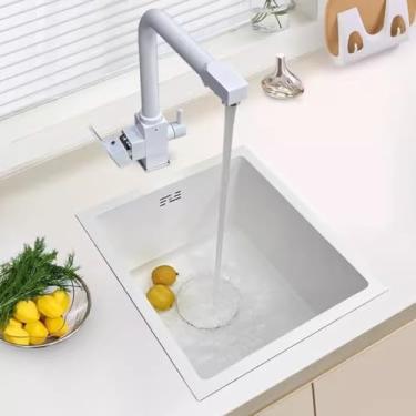 Imagem de PVXMQFFA Pia de varanda Nano pia branca barra varanda pia pequena tanque único montagem superior tigela única pia de campervan externa (cor: branco, tamanho: 45 * 30 * 20 cm)