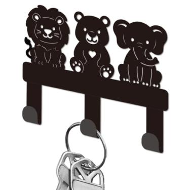 Imagem de DELORIGIN Bonito porta-chaves de animais da selva para parede, mini ganchos pretos de ferro, suporte para chaves montado na parede com 3 ganchos, suporte pequeno para chave de casa, porta de entrada