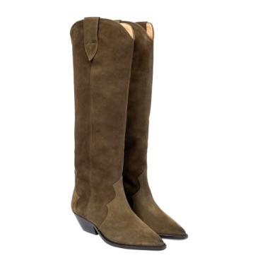 Imagem de XBKXMK Botas femininas de camurça, bico fino, cowgirl, cano alto, salto grosso, botas de cano alto, elegante, cano largo, moda casual, Verde, 39
