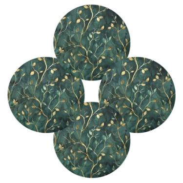 Imagem de Wassud Jogo americano conjunto de 4 tapetes redondos de folhas verdes douradas para cozinha e jantar tapetes laváveis resistentes ao calor para decoração de mesa 39 cm