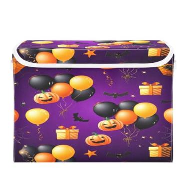 Imagem de Wassud Cestas de armazenamento de Halloween com tampas, balões temáticos de Halloween, caixotes dobráveis de tecido, cestas de linho empilháveis, recipiente organizador de armário 42 x 32 x 30 cm