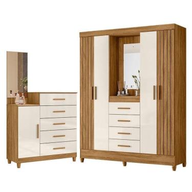 Imagem de Guarda Roupa Solteiro Com Espelho Atenas E Cômoda Lisboa Freijó Off White - Moval
