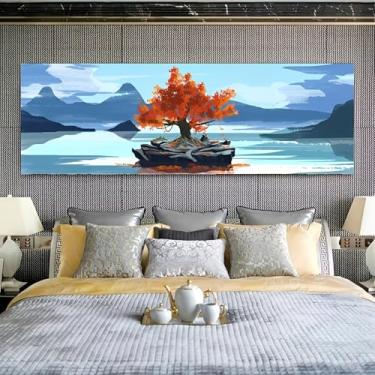 Imagem de Arte de parede em tela rústica vintage laranjeira na ilha no lago com montanhas - Pôster sem moldura de 30 x 91 cm - Ideia de presente para decoração de casa e escritório para sala de estar, quarto