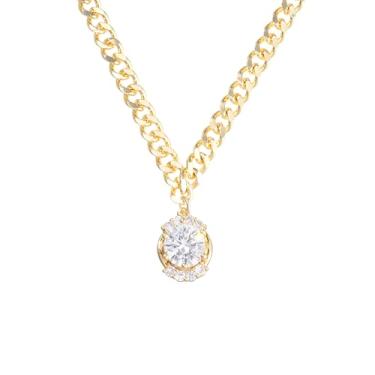 Imagem de Colar feminino de corrente grossa de ouro 14 K 6 x 6 mm, pingente grande de zircônia cúbica cintilante, com elos grossos ajustáveis de 40 a 45 cm, presente para Natal, batismo, casamento, aniversário