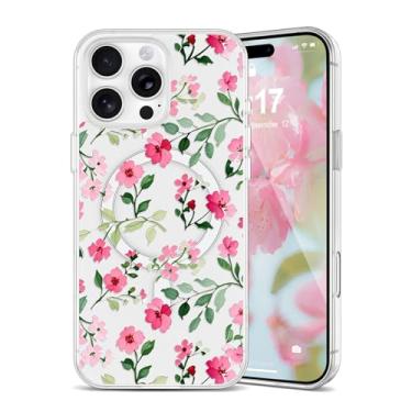Imagem de EYZUTAK Capa magnética para iPhone 15 Pro com flores compatível com MagSafe, bonita floral elegante estética capa protetora fina transparente antiamarelamento para meninas e mulheres - rosa vermelha